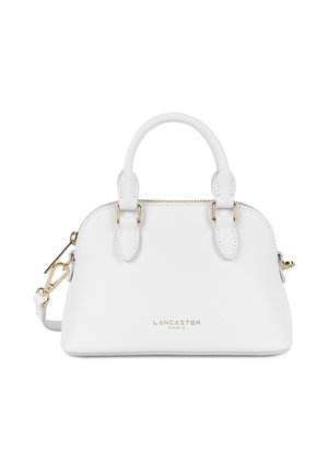 White leather Lancaster handbag with two handles, gold zipper, detachable shoulder strap, and gold "Lancaster Paris" logo on front.