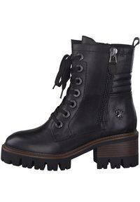 Schwarze Leder-Ankle-Boots mit runder Spitze, Schnürung vorne, seitlichem Reißverschluss und geripptem Detail. Sie haben eine klobige, texturierte Gummisohle und einen Holzabsatz.