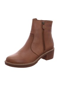 Braune Leder-Stiefelette mit seitlichem Reißverschluss, runder Spitze, strukturiertem Sohlenprofil und niedrigem, gestapeltem Absatz. Minimale Nähte und keine sichtbaren Muster.