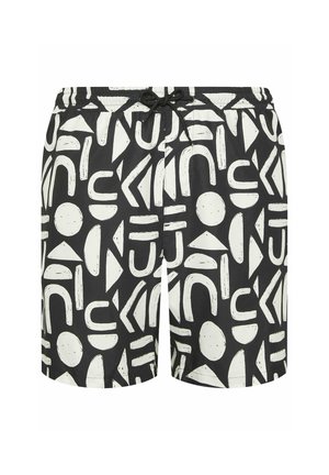 Zwarte shorts met witte abstracte geometrische vormen, waaronder cirkels, driehoeken en bogen, met een elastische tailleband en een zwarte trekkoord.