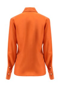 Long-sleeve shirt in bright orange satin. Features a classic collar, buttoned cuffs, and a smooth texture with no visible patterns.