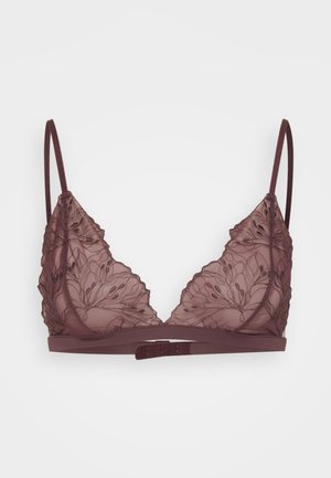Burgunderfarbene Spitzen-Bralette mit floralem Stickereimuster, dreieckigen Cups, verstellbaren Trägern und einem Hakenverschluss auf der Rückseite. Weiches, durchscheinendes Material.