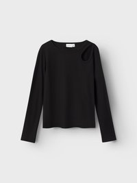 Μαύρη μπλούζα με μακριά μανίκια και ραβδωτή υφή, με στρογγυλή λαιμόκοψη και μοναδική λεπτομέρεια με κοπή στον ώμο.