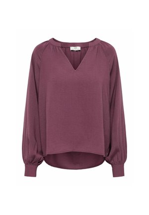 Blouse prune à manches longues avec col en V, encolure froncée et poignets avec revers, vue de face sur fond blanc.