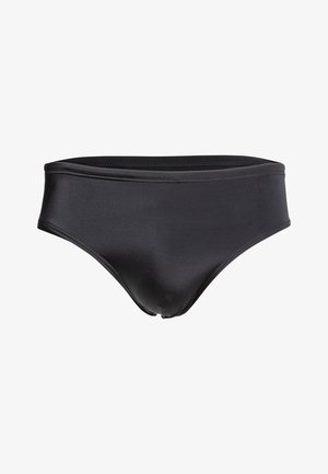 Zwarte bikinionderkant van glad, rekbaar materiaal. Beschikt over een medium hoogte tailleband en een ontwerp met minimale bedekking. Eenvoudig en strak.
