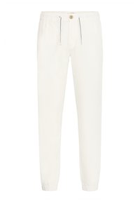 Pantalon jogger en coton blanc avec une taille élastique, un cordon de serrage et une fermeture par bouton ; présente des jambes fuselées et des poignets élastiques aux chevilles.