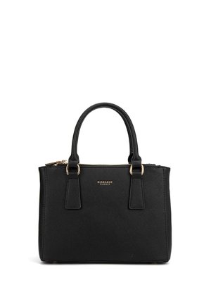 Borsa nera con design strutturato, realizzata in materiale testurizzato. Presenta due manici e hardware in tonalità oro. Chiusura con zip nella parte superiore.