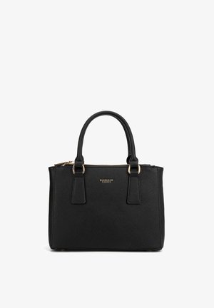 Borsa nera con design strutturato, realizzata in materiale testurizzato. Presenta due manici e hardware in tonalità oro. Chiusura con zip nella parte superiore.