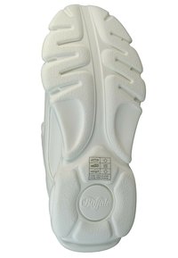 Bijela sneaker potplat s teksturiranim gumom za prianjanje, s uzdignutim uzorcima i kružnim logotipom "Buffalo" u središtu. Uključena oznaka za njegu.