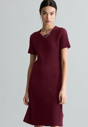 Vrouw met donker haar die een bordeauxrode, geribde, gebreide jurk met korte mouwen draagt en een zilveren ketting om de hals heeft, staand tegen een effen lichtgrijze achtergrond.