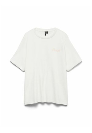 Camiseta blanca de manga corta con cuello redondo y pequeño texto "Pretzel" en color naranja pálido en el pecho izquierdo.