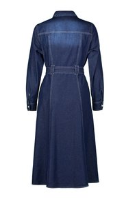 Donkerblauwe denim jurk met lange mouwen, kraag en een tailleband. Kenmerkt zich door witte stiksels en knoopmanchetten. A-lijn silhouet, tot de knie.
