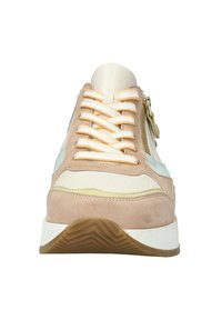 Sneaker featuring beige suede, mint green accents, cream textured panels, and contrasting light yellow laces; includes side zipper detail.