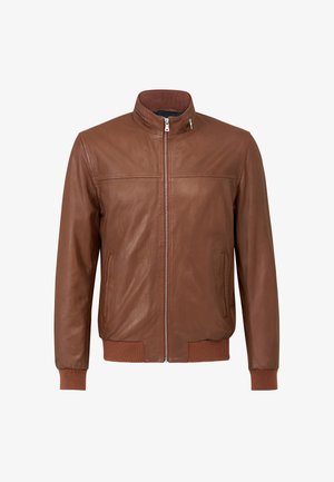 Brun læderjakke med høj krave, frontlynlås og ribbede manchetter og kant. Glat tekstur og minimalistisk design med sidelommer.