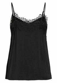 Caraco noir sans manches avec fines bretelles réglables et bordure en dentelle le long du décolleté et du haut de la poitrine.