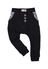 Schwarze Jogginghosen mit einem dehnbaren Bund, ausgestattet mit drei silbernen Knöpfen und bunten, gemusterten Taschen. Weicher, bequemer Stoff.
