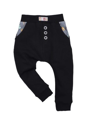 Zwarte joggingsbroek met een rekbare tailleband, voorzien van drie zilveren knopen en kleurrijk gepatterneerde zakken. Zacht, comfortabel materiaal.