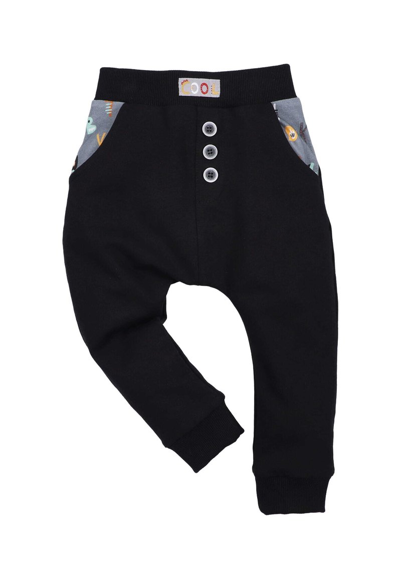 Schwarze Jogginghosen mit einem dehnbaren Bund, ausgestattet mit drei silbernen Knöpfen und bunten, gemusterten Taschen. Weicher, bequemer Stoff.