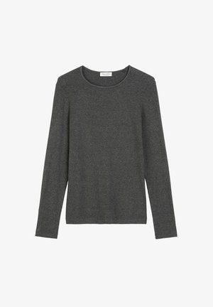 Langärmliges Oberteil in Dunkelgrau, aus weichem Stoff. Hat einen runden Halsausschnitt und einen geraden Schnitt, ohne Muster oder Verzierungen.
