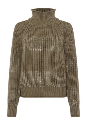 Olivgrüner Strickpullover mit hohem Kragen, ausgestattet mit gerippten Bündchen und einem strukturierten Muster mit variierender Dicke.