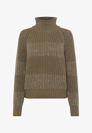 Olivgrüner Strickpullover mit hohem Kragen, ausgestattet mit gerippten Bündchen und einem strukturierten Muster mit variierender Dicke.