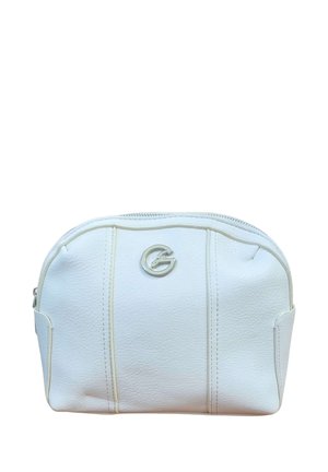 Piccola borsa in pelle bianca con cerniera e logo circolare argento con una lettera G stilizzata al centro della parte anteriore.