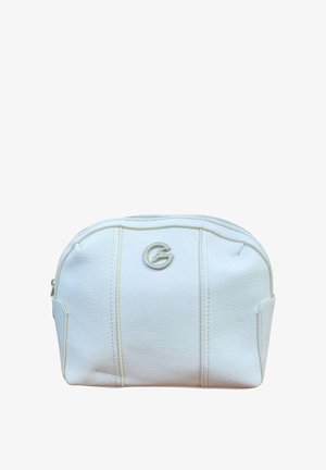 Piccola borsa in pelle bianca con cerniera e logo circolare argento con una lettera G stilizzata al centro della parte anteriore.