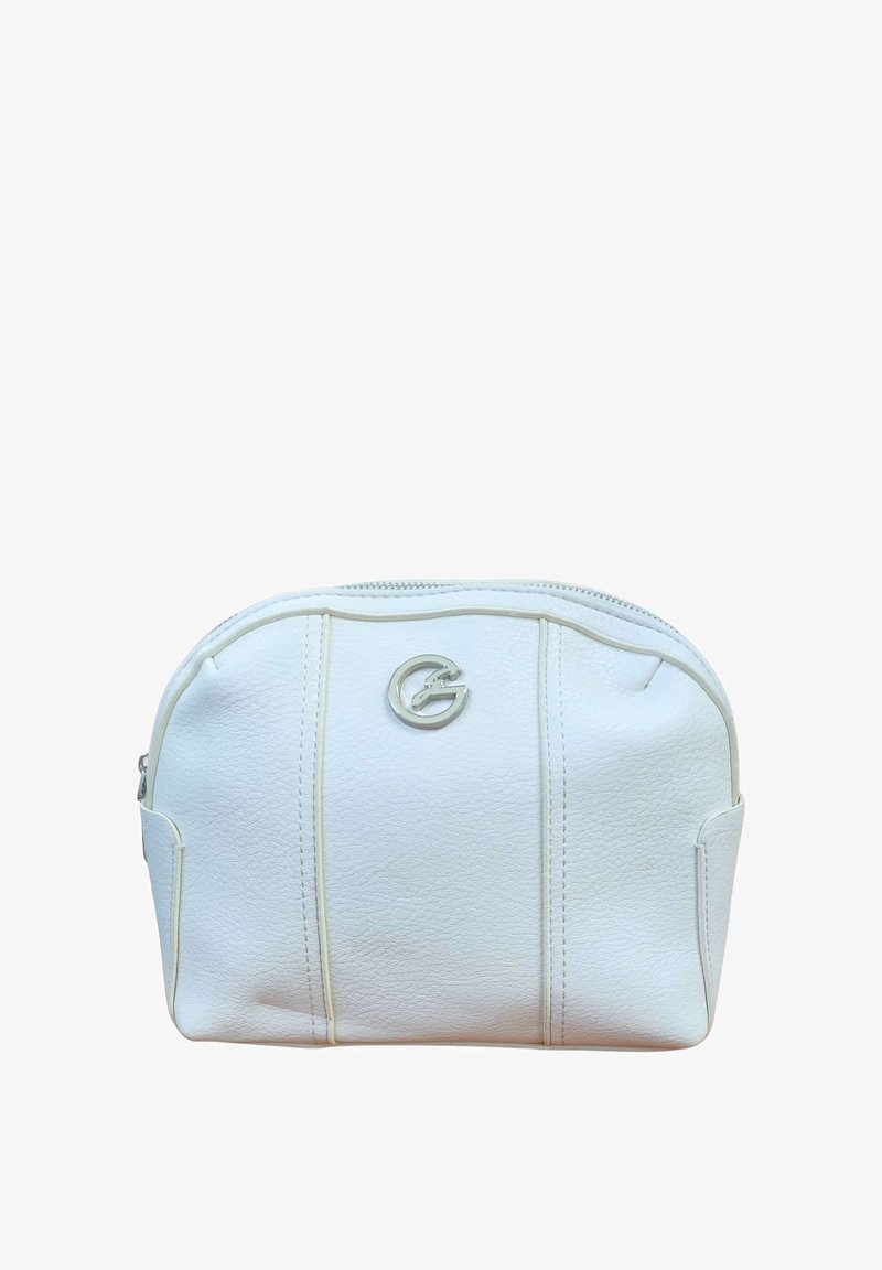 Piccola borsa in pelle bianca con cerniera e logo circolare argento con una lettera G stilizzata al centro della parte anteriore.