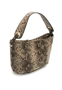 Sac à main en cuir marron à motif serpent, avec une poignée courte, une surface texturée, des accents en métal doré et une forme arrondie.