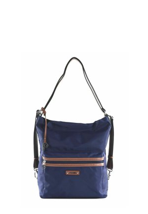 Sac à bandoulière bleu marine avec des bretelles réglables marron et noires, poche avant à double fermeture à glissière et plaque logo en métal.