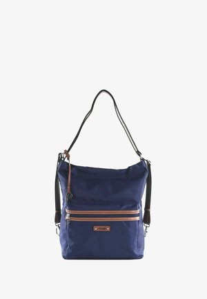 Sac à bandoulière bleu marine avec des bretelles réglables marron et noires, poche avant à double fermeture à glissière et plaque logo en métal.