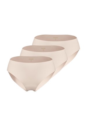 Trzy beżowe bezszwowe damskie majtki, rozmiar średni, ułożone w naprzemienny rząd na białym tle.