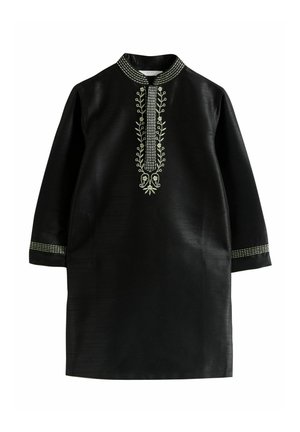 Fekete, hosszú ujjú tunika fehér hímzett virág- és geometriai mintákkal a galléron, a gombolaton és az ujjak végén.