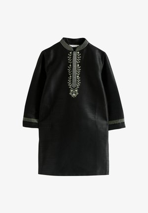 Black long-sleeve tunic with white embroidered floral and geometric patterns on collar, placket, and cuffs.