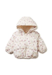 Giacca bianca volumetrica con cappuccio, caratterizzata da un motivo floreale in morbido rosa e beige. Chiusura frontale con zip e polsini elasticizzati. Interno foderato.