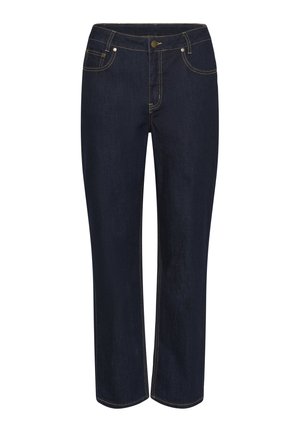 Sötétkék farmernadrág egyenes szárú kialakítással. Öt zsebbel, aranyszínű varrással és elülső gombos záródással rendelkezik.