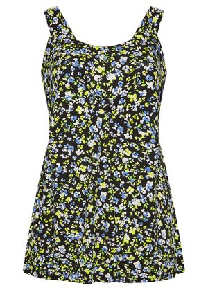 Zwarte bloemen tanktop met een draaiende voorkant, voorzien van kleine blauwe, witte en groene bloemen en brede banden voor ondersteuning.