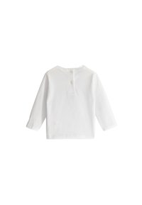 Chemise blanche à manches longues en coton, dotée d'un col rond et d'une fermeture à boutons au dos. Design simple sans motifs.