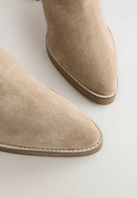 Tansuède enkellaarsjes met een puntige neus en een kleine, gestikte accent rond de zool. Gladde textuur en minimalistisch ontwerpdetails.