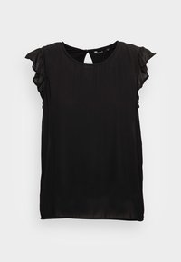 Blouse noire à manches courtes volantes avec un détail dos en forme de trou de serrure. Confectionnée dans un tissu léger à texture lisse. Coupe décontractée.