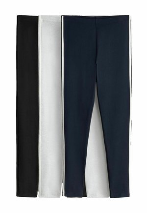 Drei Paare Slim-Fit-Leggings in Schwarz, Hellgrau und Marineblau, nebeneinander angeordnet.