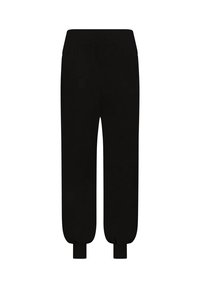 Schwarze Jogginghose mit glatter Textur, elastischem Bund und schmalen Bündchen an den Knöcheln. Keine sichtbaren Muster oder Logos.