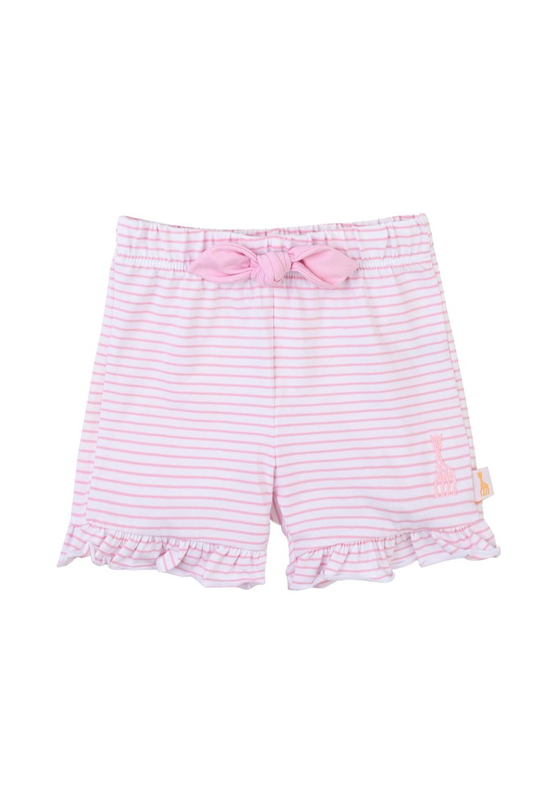 Pantaloni corti a righe rosa e bianche con bordo arricciato, vita elastica e un dettaglio a fiocco sul davanti. Presentano un ricamo di giraffa sul lato.