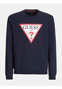 Sudadera azul marino de manga larga, con un gran logotipo gráfico triangular blanco y rojo en la parte frontal. Textura suave y puños acanalados.