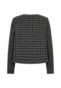 Musta ja harmaa houndstooth-kuvioinen takki, jossa on pitkät hihat, pyöreä pääntie ja rento istuvuus. Valmistettu teksturoidusta kankaasta.