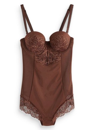 Brun bodysuit med spetsdetaljer vid bysten och nederkanten, justerbara axelremmar och ett slätt, strukturerat tyg för en figurnära silhuett.