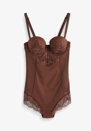 Rudas bodysuit'as su nėriniais krūtinės ir apatinėje dalyje, reguliuojamomis petnešomis ir lygaus, tekstūruoto audinio, kuris suteikia aptemptą siluetą.