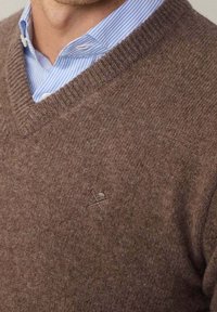 Brauner Wollpullover mit V-Ausschnitt. Verfügt über ein dezentes gesticktes Logo auf der linken Brust. Wird über einem hellblau gestreiften Hemd getragen.