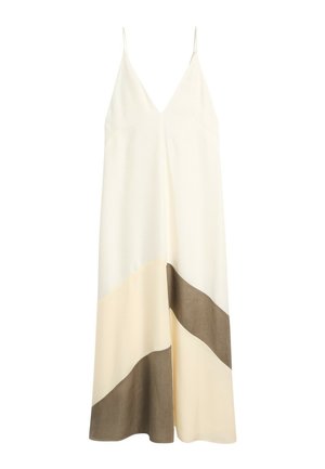 Langes Slipdress mit dünnen Trägern, V-Ausschnitt und Color-Block-Muster in Creme-, Beige- und Brauntönen.