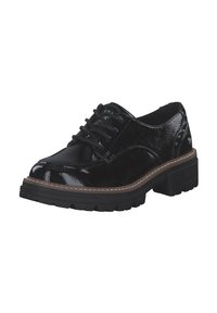 Scarpe stringate in vernice nera con punta arrotondata, superficie testurizzata e una spessa suola in gomma nera. Presentano cuciture beige lungo la suola.